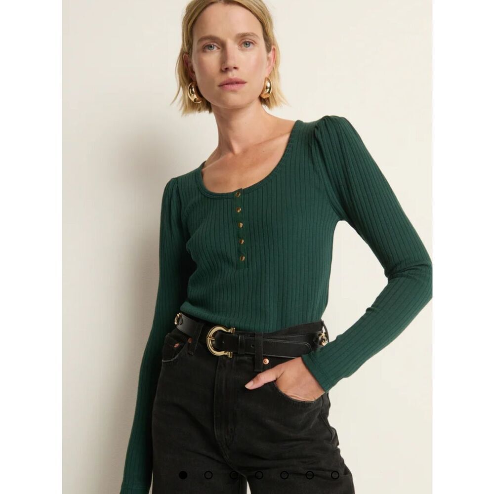 Nation LTD Reeya Henley Ribbed Knit Puff Sleeve Top Green Long Sleeve NWT XS